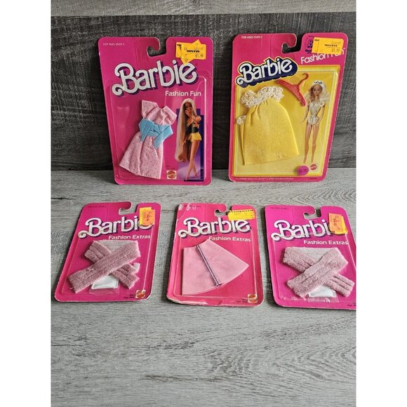 Mattel 1983 Barbie 7503 Fashion Fun Yellow Doll Dress + 1980s Clothing Sets New